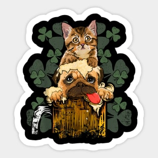 Cute Pug and Cat In Beer for Pug  Pug St Patricks Day Sticker